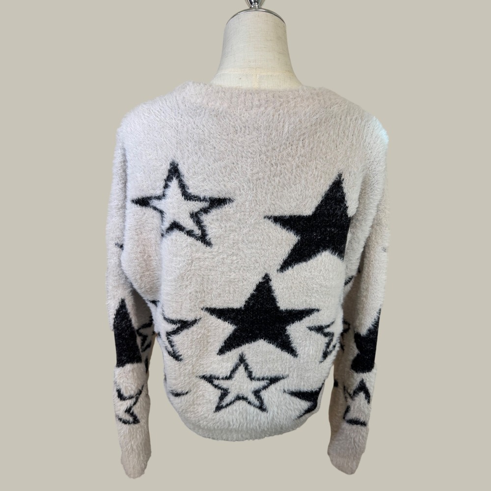 Pilcro Anthropologie Star Eyelash Knit Fuzzy Oversized Sweater Cream Black M - Picture 4 of 7
